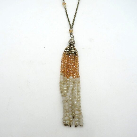 Tassel Beaded Necklace Crystal Encrusted Bead Champagne Cream Beads Silver Tone - Picture 8 of 8